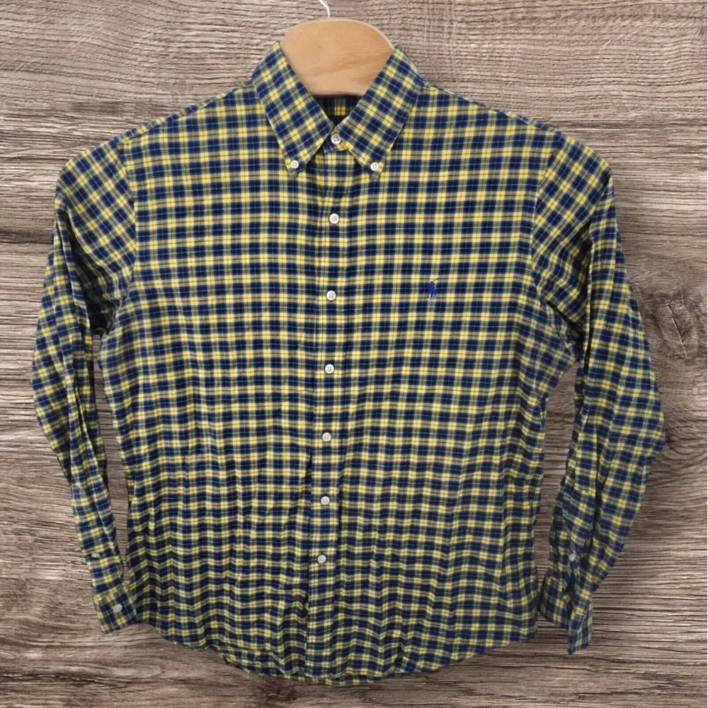 Ralph‎ Lauren Shirt Men's Large Blue Yellow Plaid Cotton Long Sleeve Button-Down